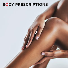Body Prescriptions label detail highlighting shea butter and almond milk nourishing benefit