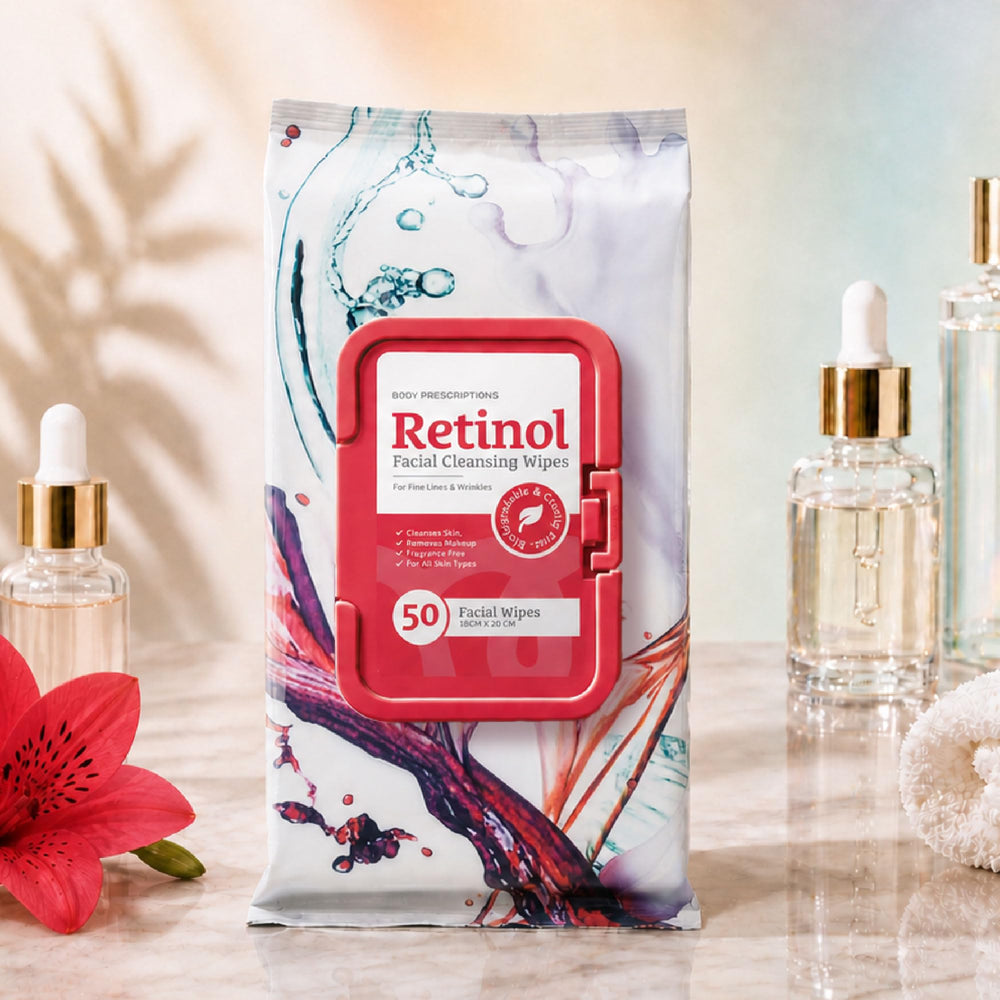 Body Prescriptions pack on a nightstand suggesting quick nightly cleansing convenience