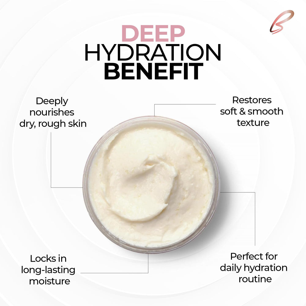 Bodystry rose oil butter applied in hand illustrating smooth spread and nourishment