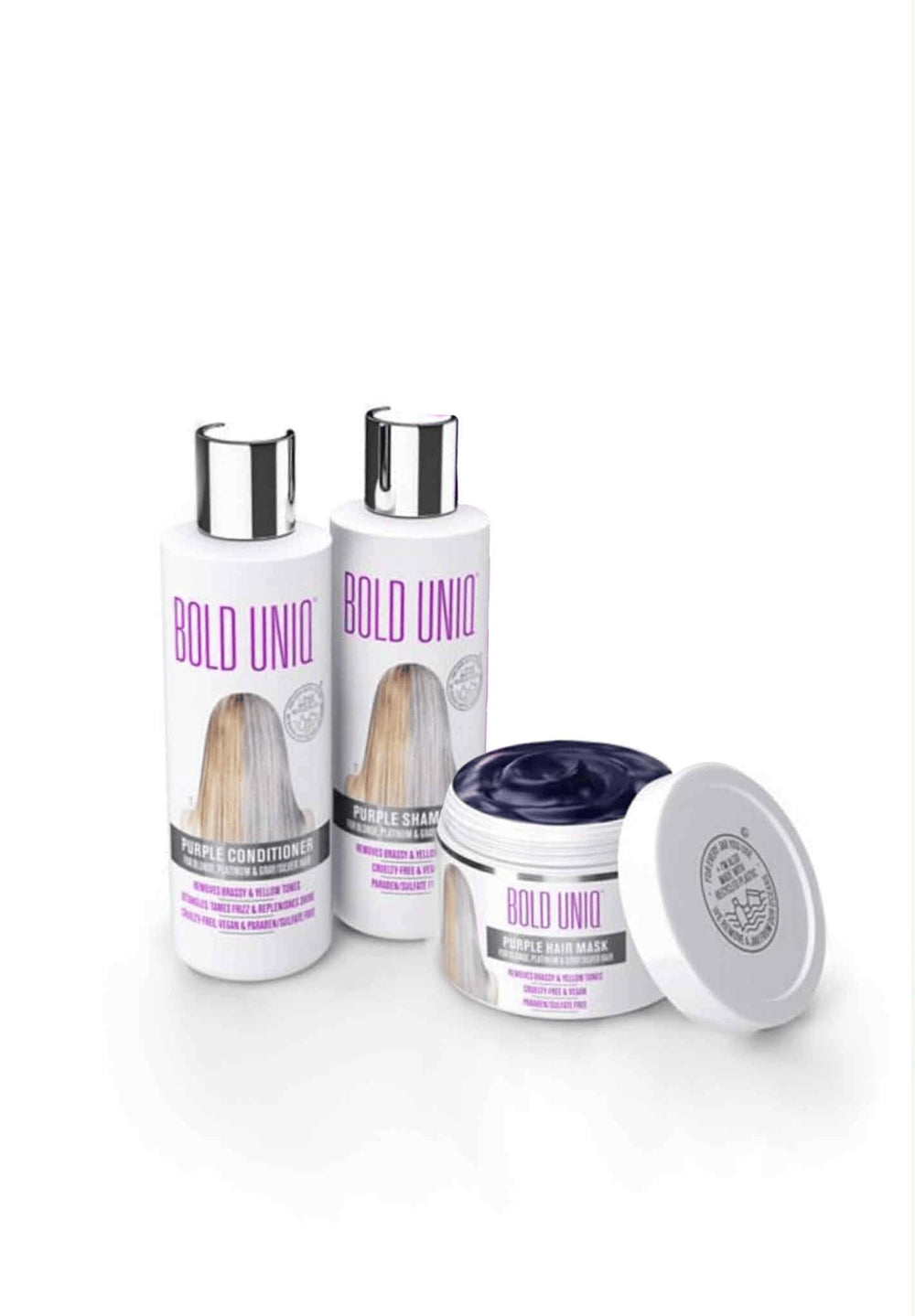 BOLD UNIQ trio front packaging showing products and gift box, promotes salon-quality toning