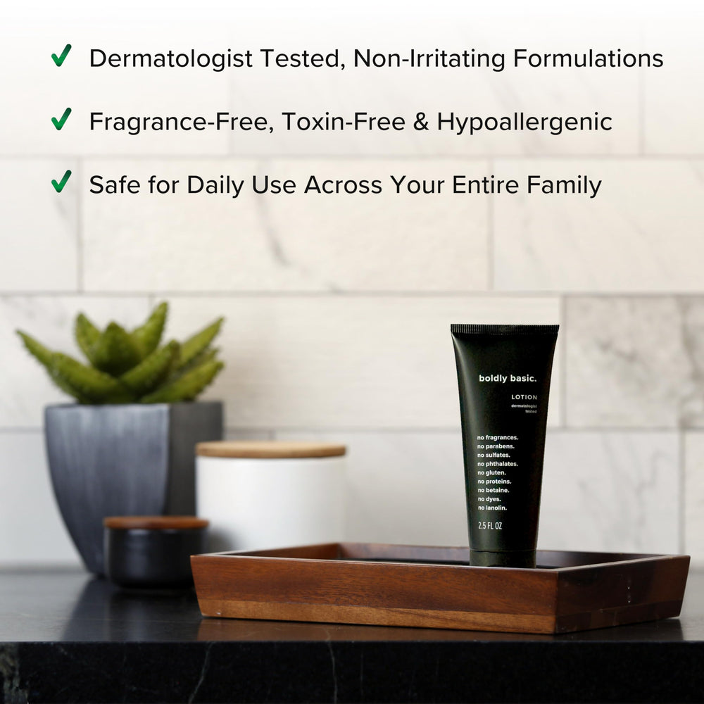 Applying Boldly Basic lotion to hands demonstrating quick hydration and no residue