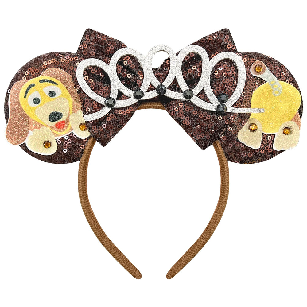 Bolonar brown mouse ears headband front view showing polished sequin finish and shape