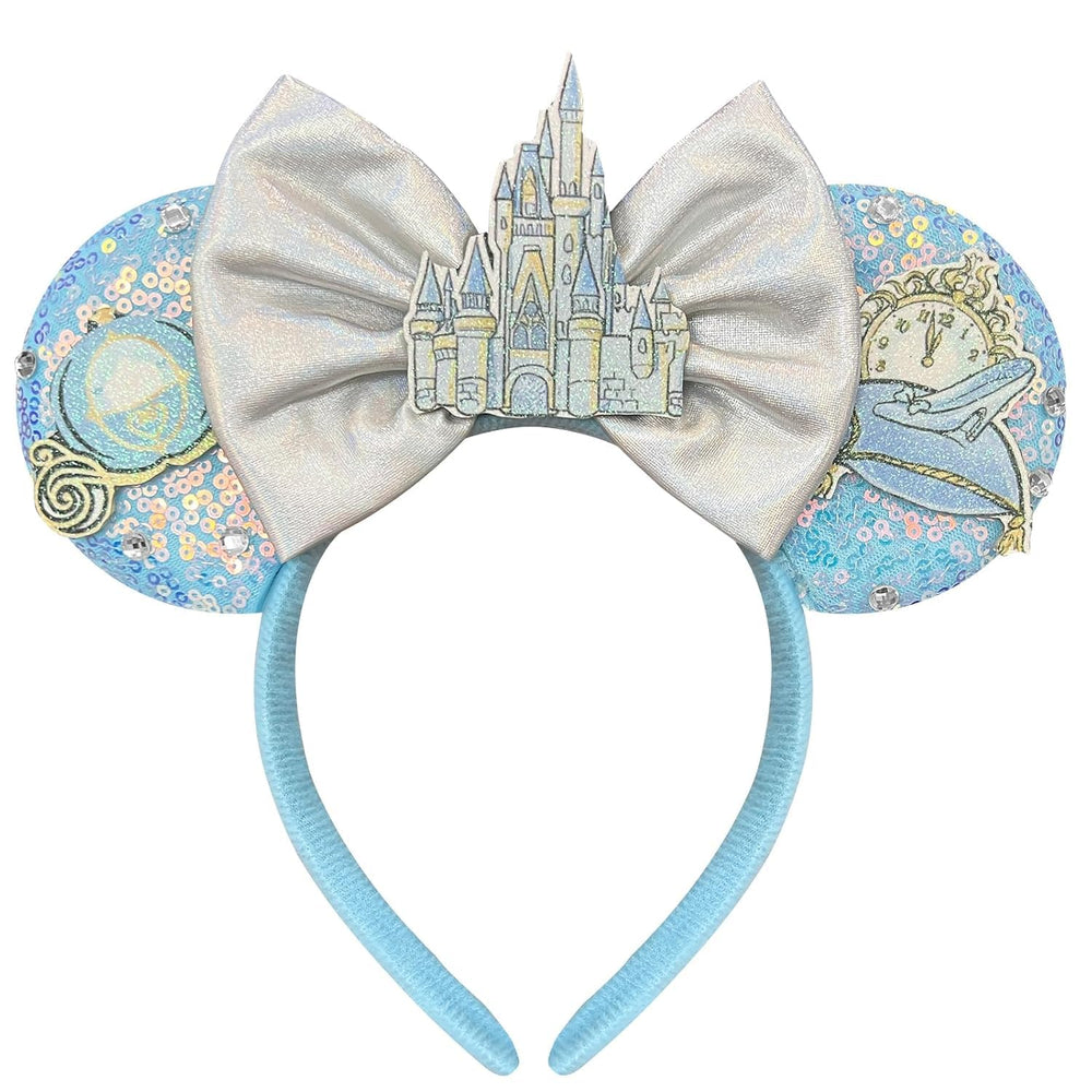Bolonar blue sequin mouse ears headband front view shows sparkle and comfortable fit