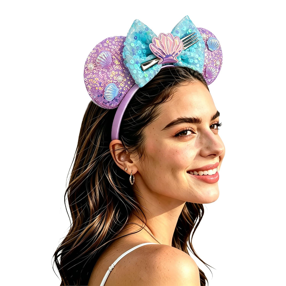 Bolonar mermaid mouse ears headband front view showing sequin sparkle and comfortable fit