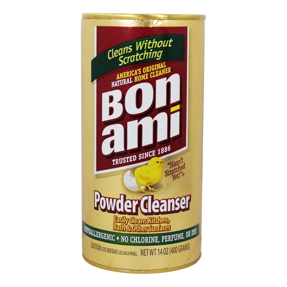 Bon Ami front tin 14 oz showing label and reusable packaging benefit