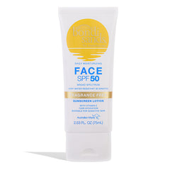 Bondi Sands front packaging showing SPF 50 and compact size for travel