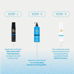 Bondi Sands before and after legs demonstrating natural, streak-free bronzed result
