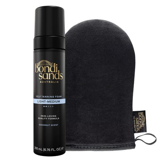 Bondi Sands foam front packaging showing product and mitt for easy application