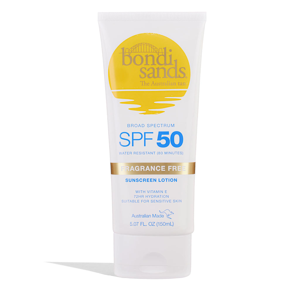 Bondi Sands front packaging showing SPF 50 and fragrance free benefit