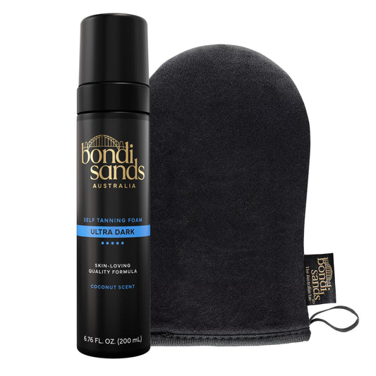 Bondi Sands front packaging showing foam can and mitt for quick application