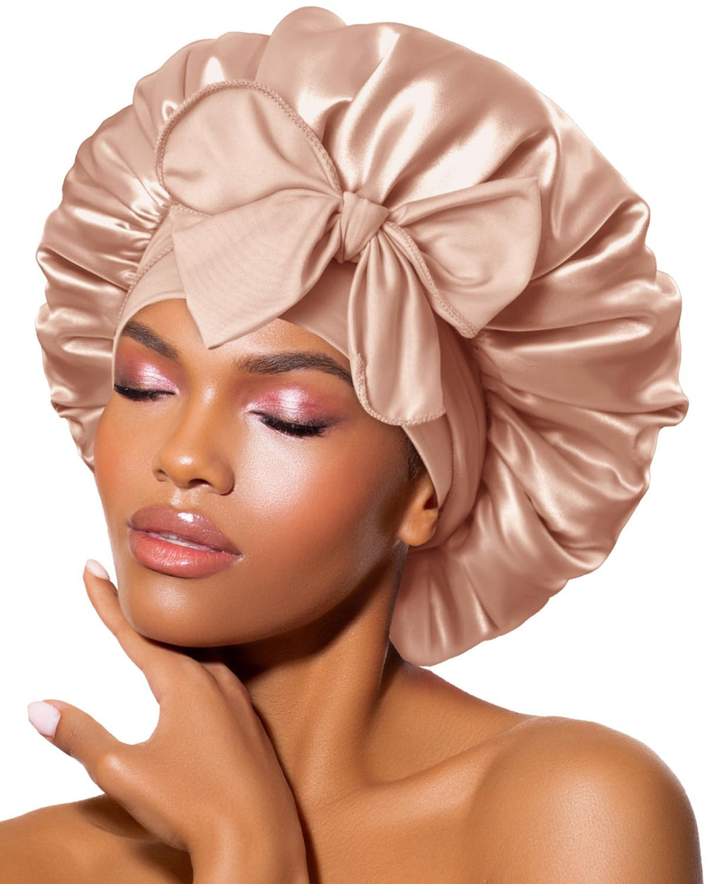 BONNET QUEEN front view of champagne bonnet showing elegant fit and protection