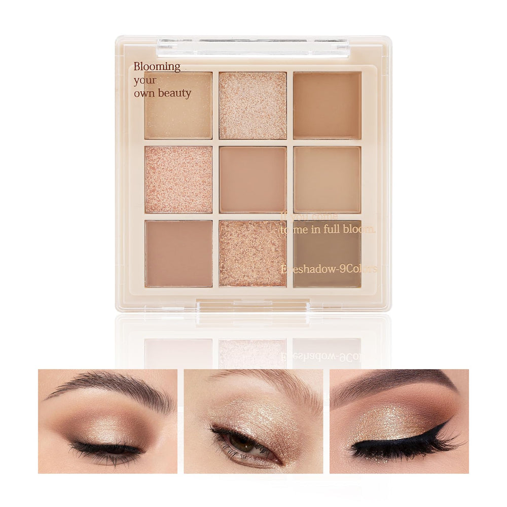 Boobeen palette front open showing nine neutral shades and compact mirror benefits versatility