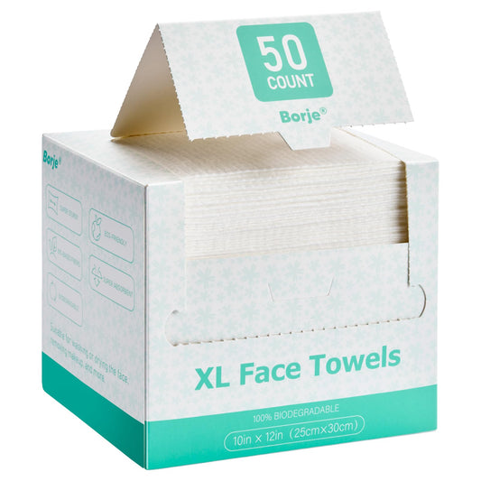 Borje front box showing pack of 50 towels and branding, convenient storage benefit