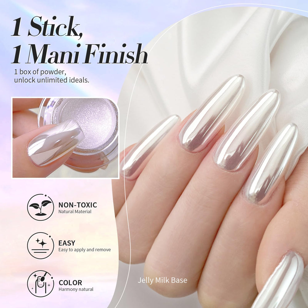 Born Pretty chrome powder on black base creating smoky metallic manicure