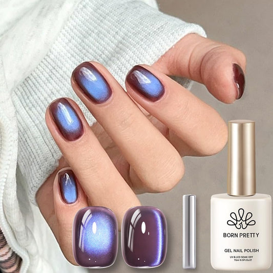Born Pretty bottle front view showcasing indigo eggplant glitter polish and shine benefit