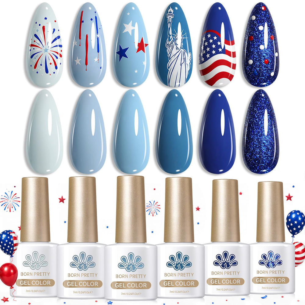 Born Pretty front packaging showing six blue gel polishes and convenience