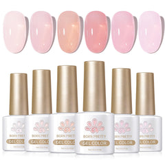 Born Pretty front packaging showing six milky nude pink bottles and kit benefits