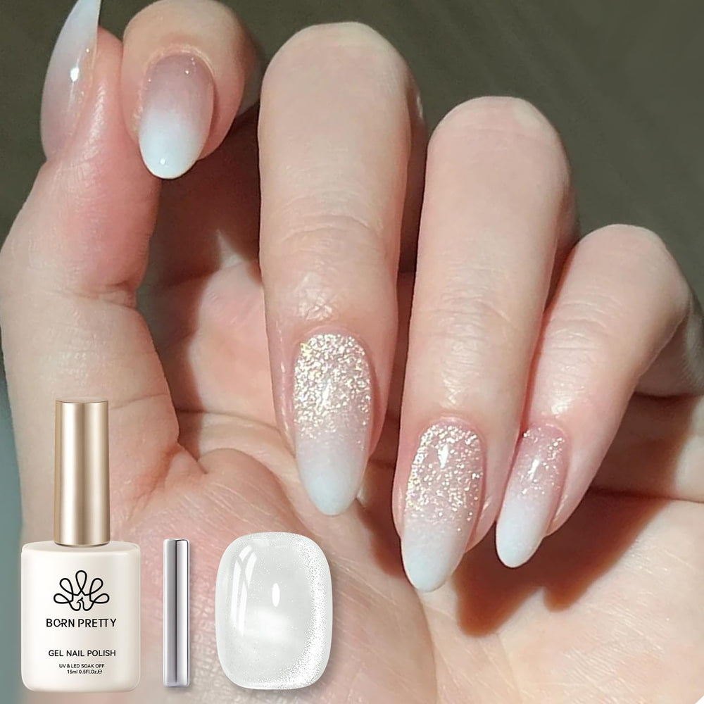 Born Pretty front packaging showing milky white holographic polish benefits shine