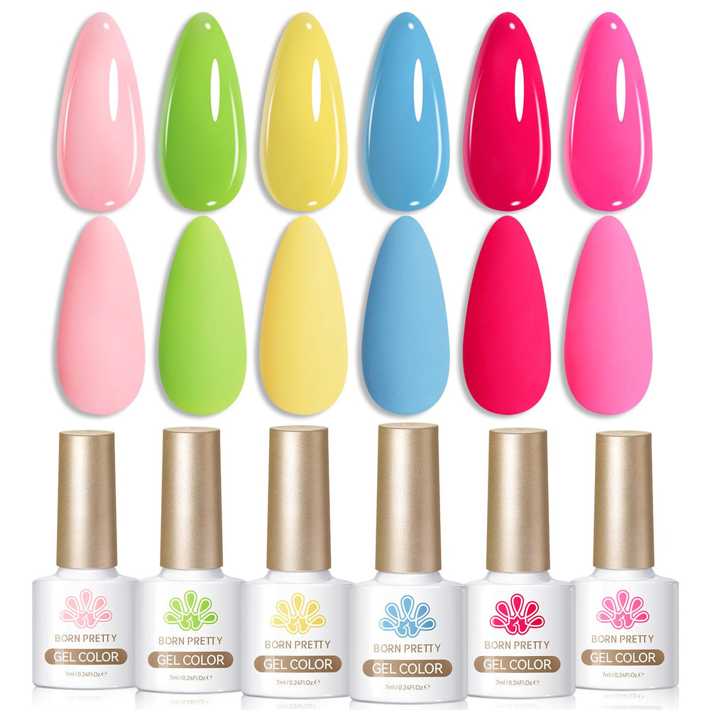 Born Pretty front packaging showing six neon gel bottles and color preview for bold looks