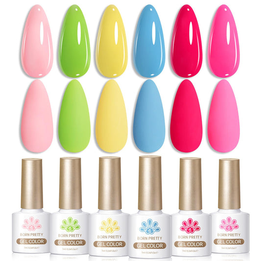 Born Pretty front packaging showing six neon gel bottles and color preview for bold looks