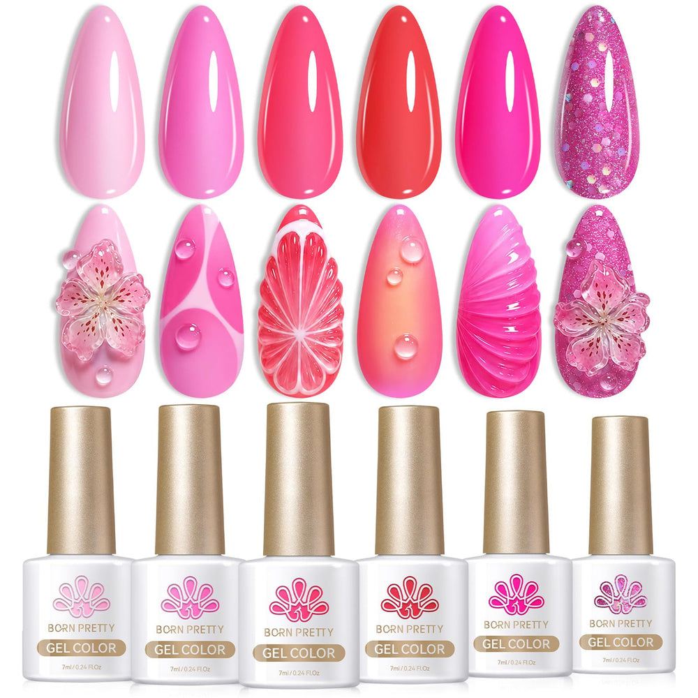 Born Pretty front packaging showing six neon hot pink bottles and set benefits