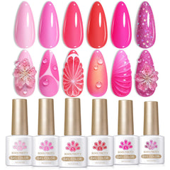 Born Pretty front packaging showing six neon hot pink bottles and set benefits