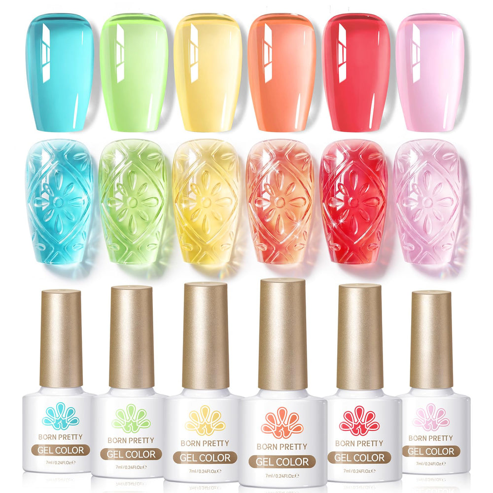 Born Pretty front packaging showing six pastel jelly gel bottles and neat display benefit