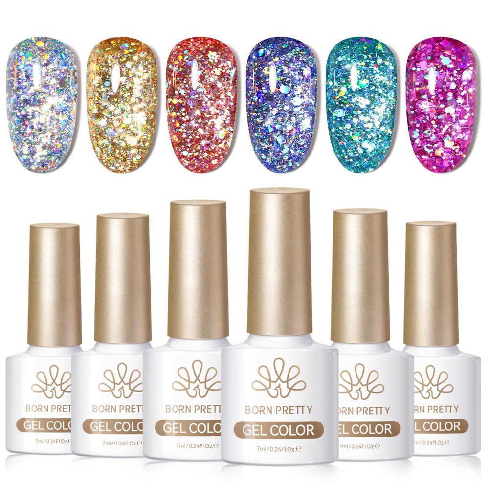 Born Pretty front packaging showing six glitter gel bottles for gift-ready presentation