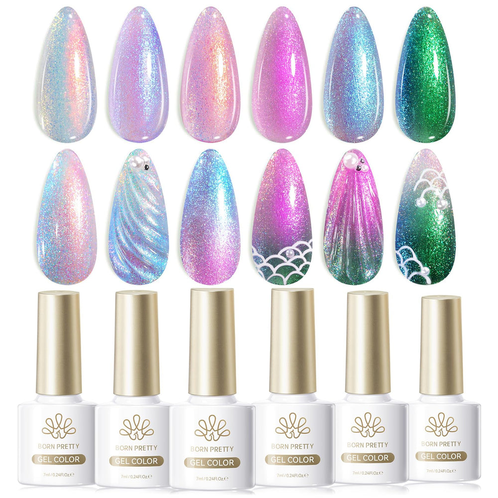 Born Pretty front packaging showing six iridescent gel bottles and benefits