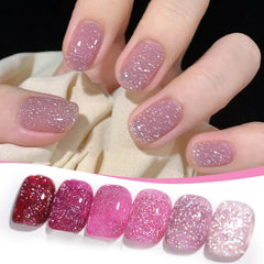 Born Pretty front packaging showing six pink holographic gel pots and benefit of variety