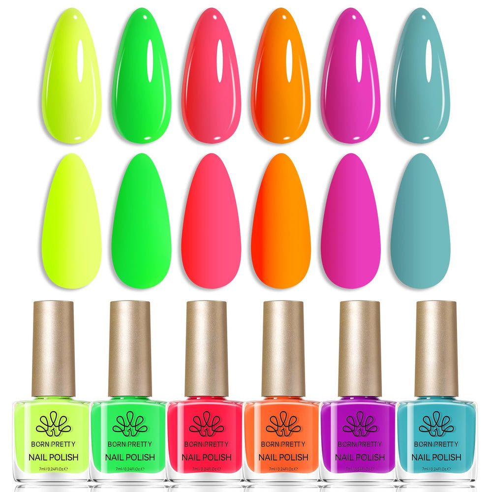 Born Pretty front packaging showing six neon bottles and bright branding benefit eye-catching set