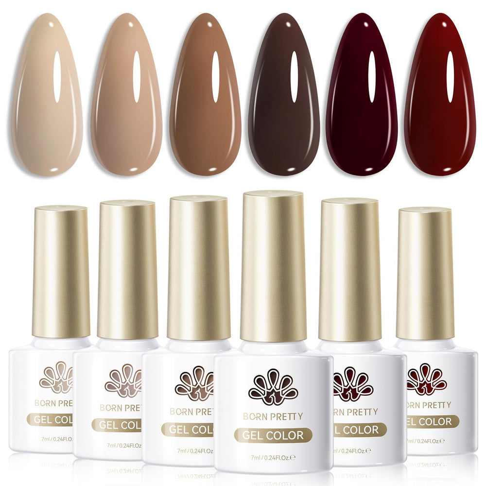 Born Pretty front packaging showing six brown-beige gel bottles and color variety
