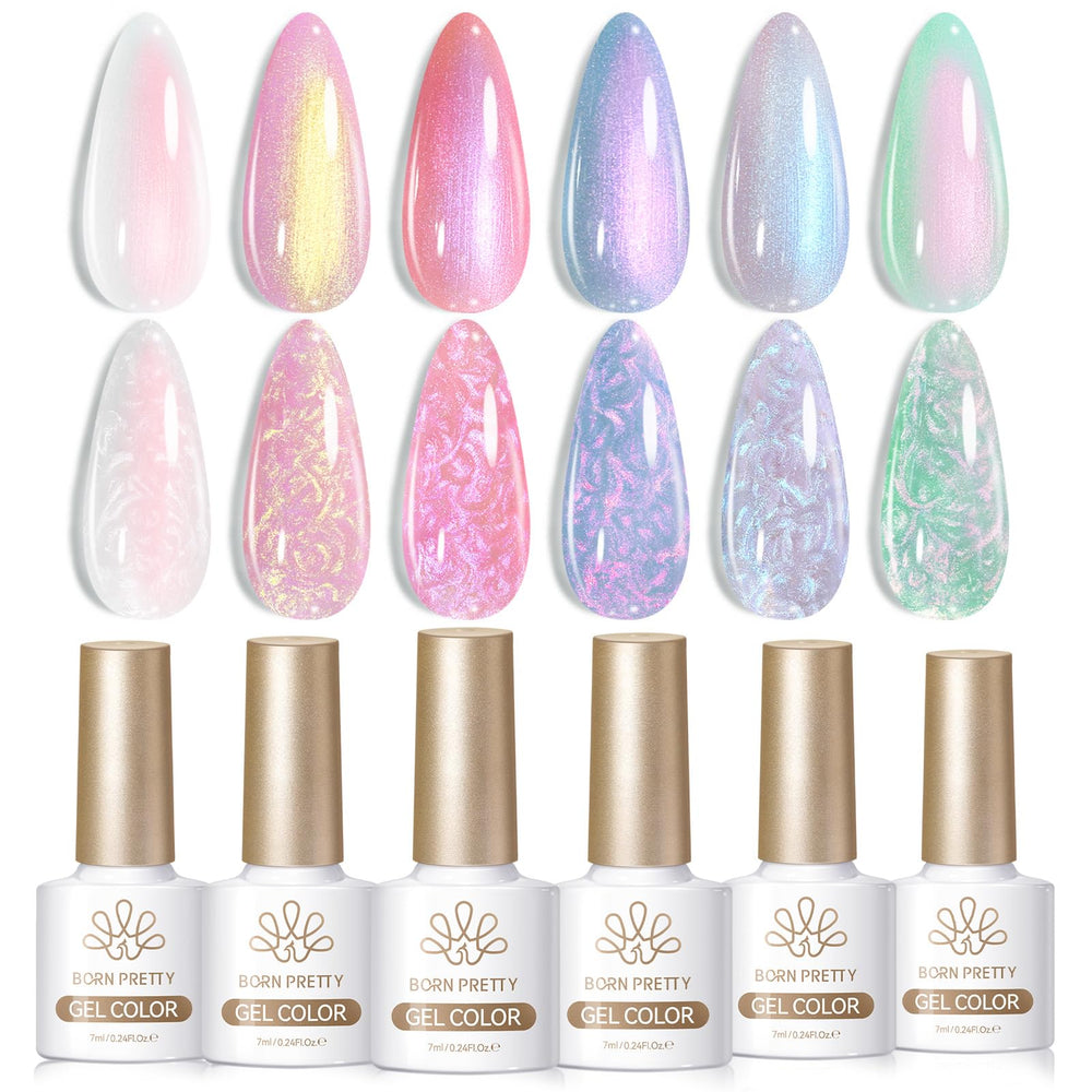 Born Pretty front packaging showing six aurora pearl gel bottles and gift box benefit presentation