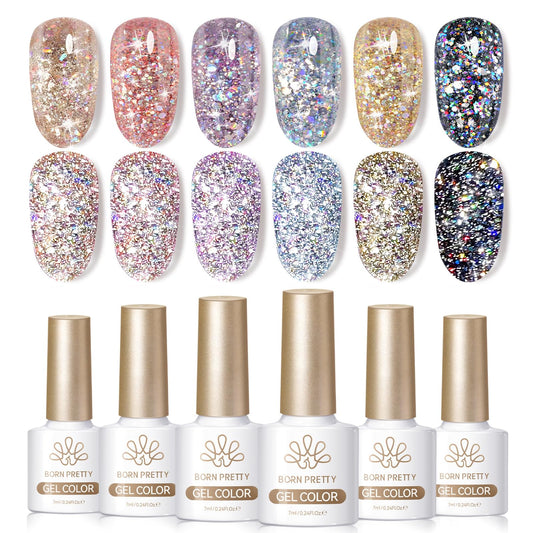 Born Pretty front packaging showcasing six holographic gel bottles and colors