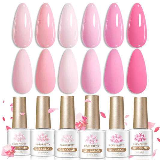 Born Pretty front packaging showing six pink gel bottles, convenient set benefit