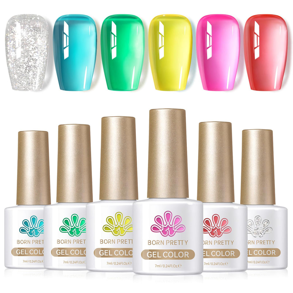 Born Pretty front packaging showing six pastel jelly bottles and set layout benefits quick selection