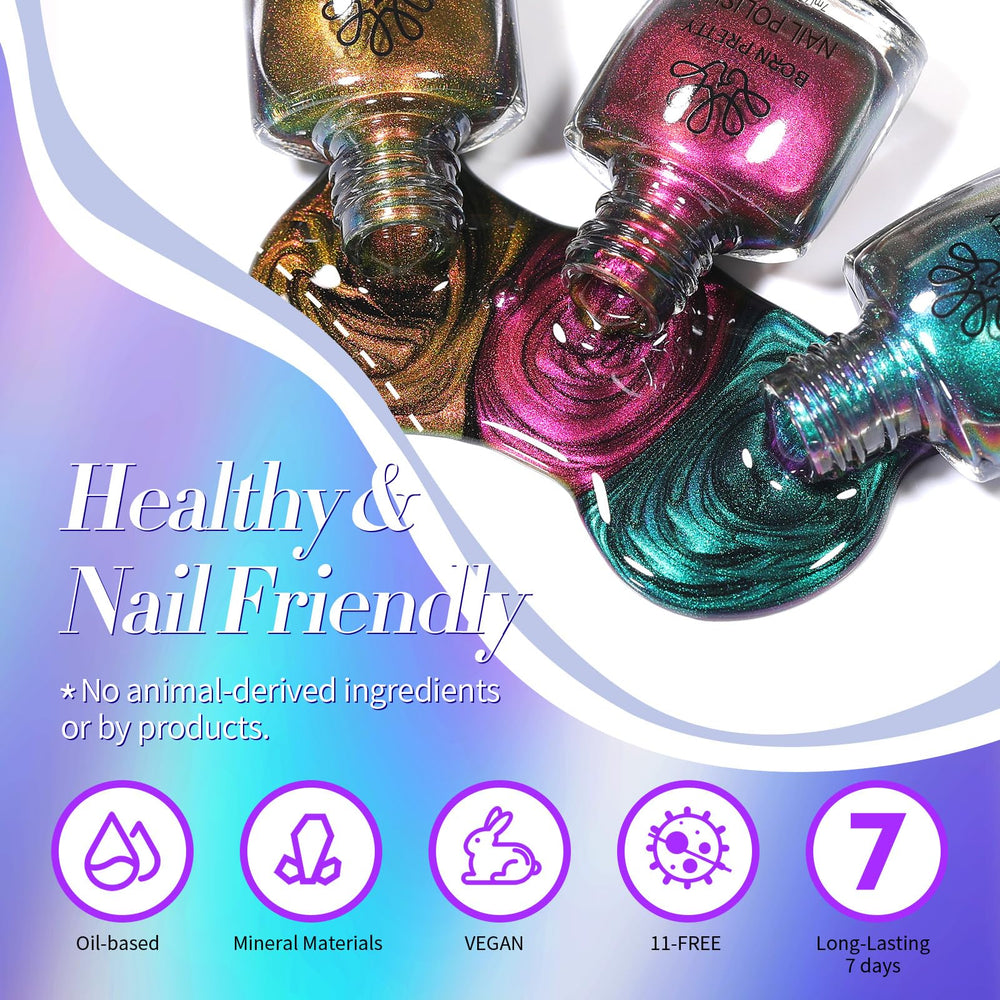 Born Pretty label close-up listing features, highlights formaldehyde-free formula
