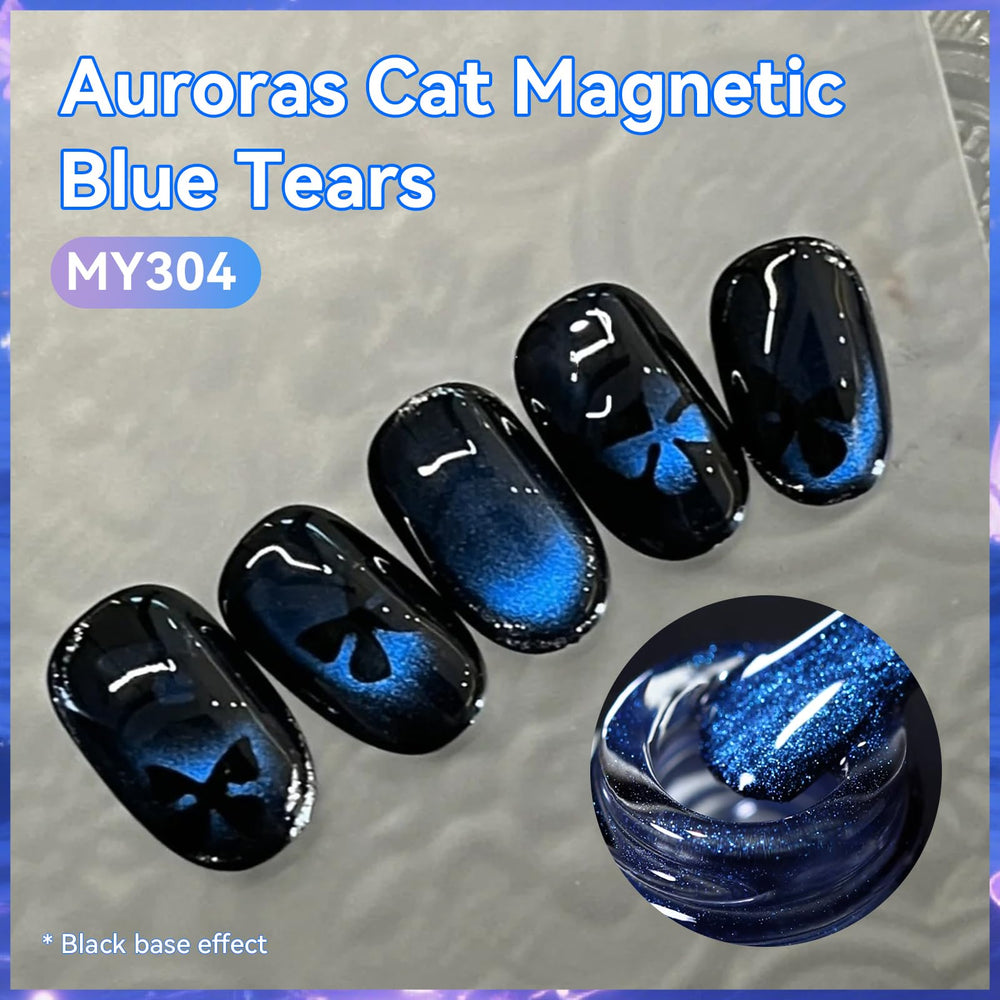 Born Pretty finished nails in Blue Tears showing reflective cat-eye benefit