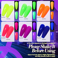 Born Pretty bottles lineup of six fluorescent gel colors, clear shade selection benefit