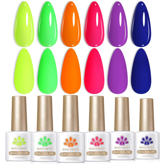 Born Pretty front packaging showing six neon glow gel bottles, vibrant display benefit
