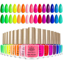 Born Pretty front packaging showing 15 neon nail polish bottles and vibrant colors for easy selection