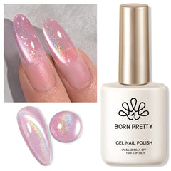 born pretty bottle front view showing pink aurora finish and neat packaging benefit: clear product ID