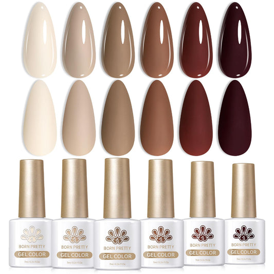 Born Pretty six-bottle set front view showing neutral brown variety and convenience