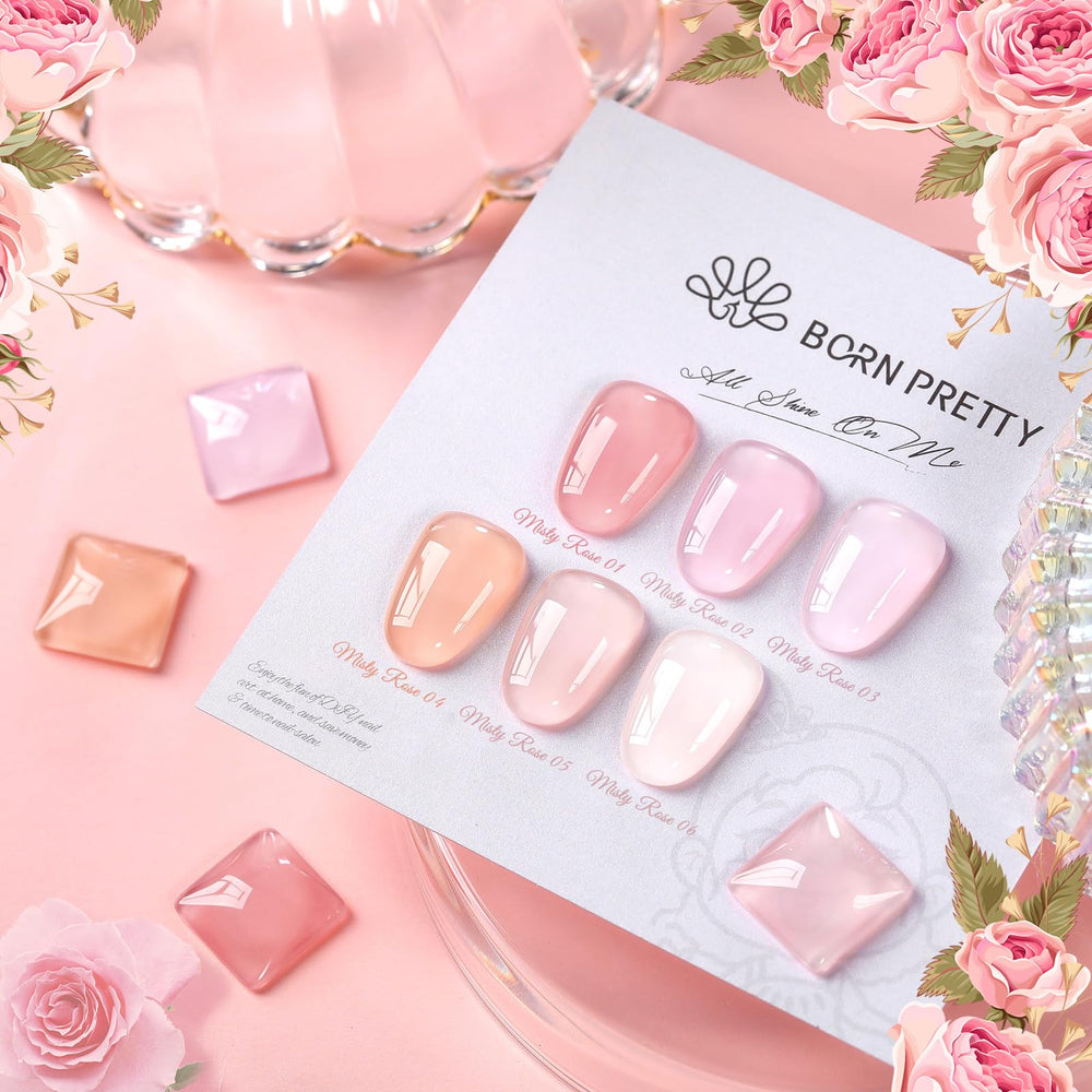 Born Pretty swatches on clear nail tips showing translucent layering options