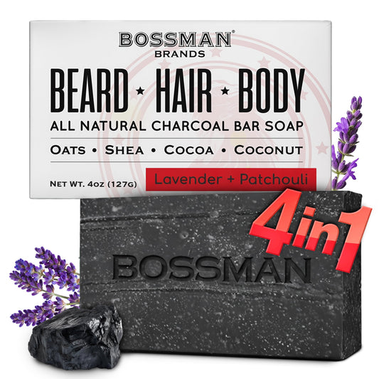 Bossman charcoal bar front view showing compact 4 oz and label benefits
