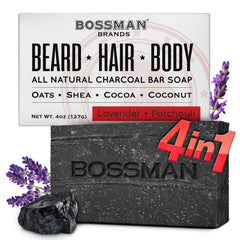Bossman charcoal bar front view showing compact 4 oz and label benefits