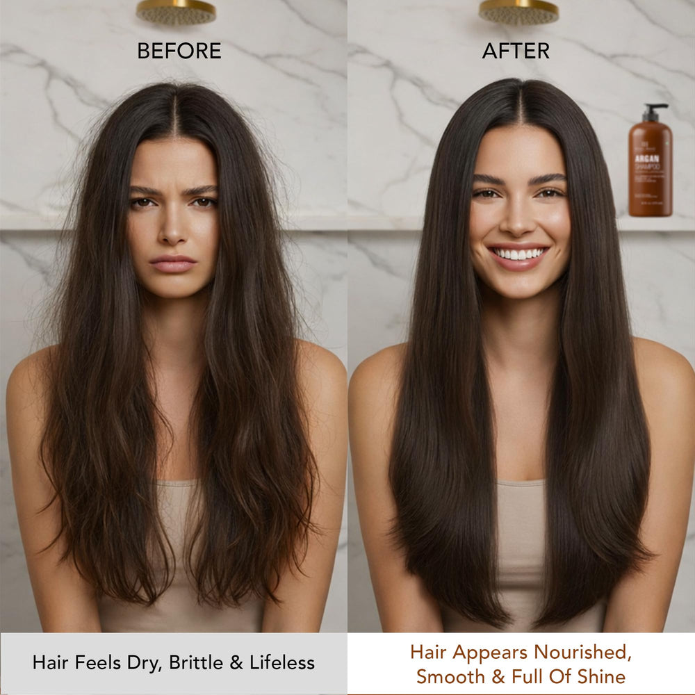 Botanic Hearth before and after hair comparison illustrating volume and smoothness