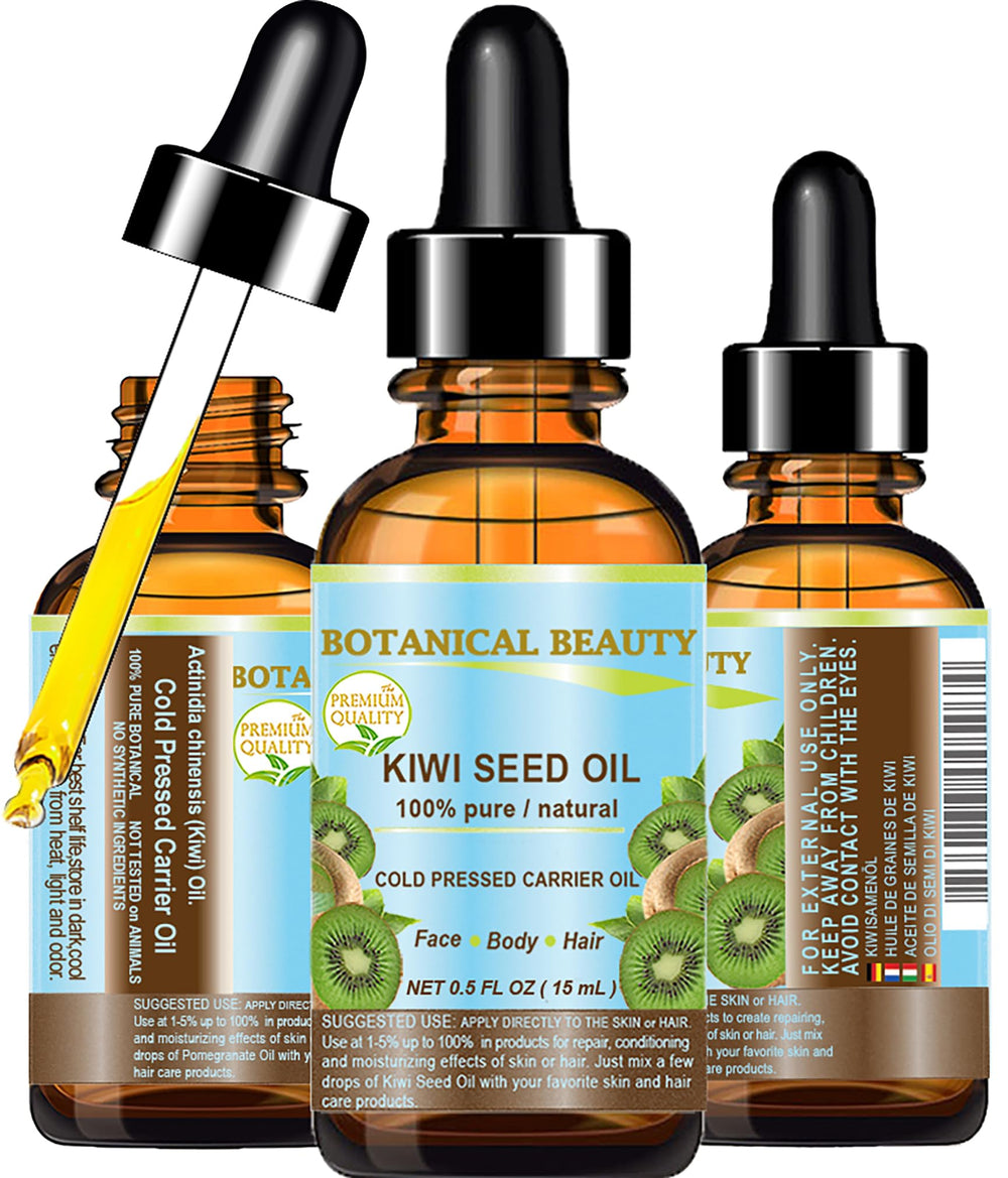 Botanical Beauty bottle front view showing pure kiwi seed oil packaging