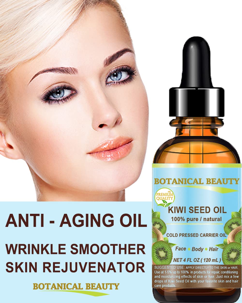 Botanical Beauty bottle beside kiwi seeds showing natural source benefits