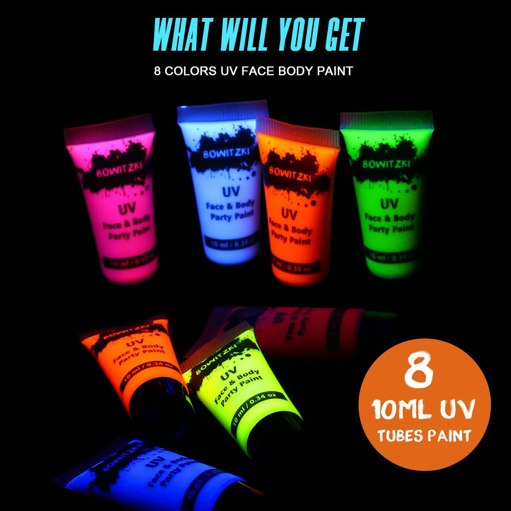 Bowitzki full torso body art lit by UV light showing dramatic fluorescent impact